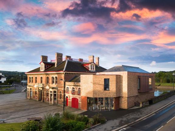 Barnstaple Museum with pink sky behind