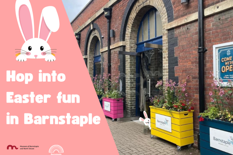 Outside of Barnstaple Pannier Market with cartoon bunnies and the words 'hop into easter fun in Barnstaple'