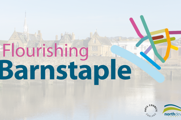 Barnstaple from over the river with Flourishing Barnstaple logo overlaid