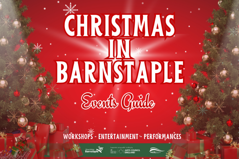 Christmas in Barnstaple events guide words with Christmas tree background