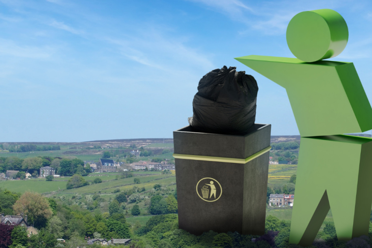 Great British Spring Clean photo of countryside view with cartoon person putting rubbish in a bin